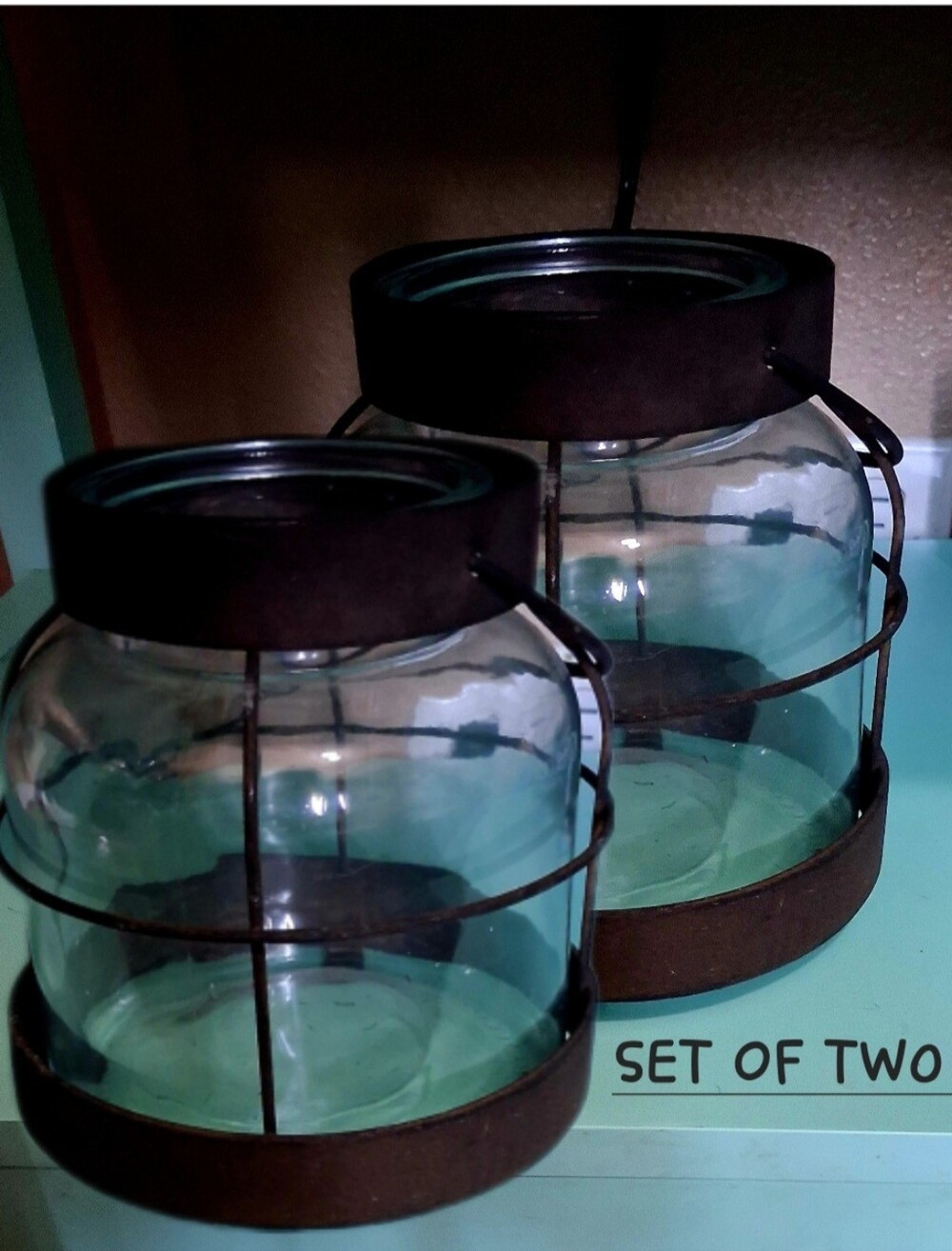 Set Of 2 Glass Jars With Metal Hangers